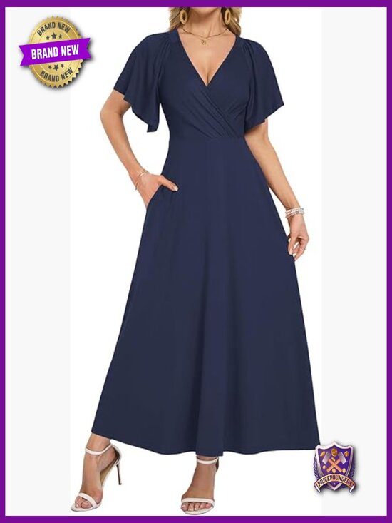 Dresses & Skirts - Maxi Wrap Dress Ruffle Sleeve Deep V Neck Long Flowy Formal
